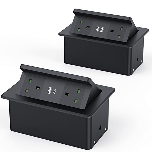 Shenzhen Factory Power Built in Office Furniture Desktop Hydraulic Pop-up USB-C Socket Box with Top 15W Fast Wireless Charger