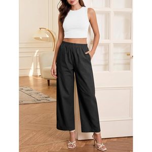 Pantalon large pour femme, coupe baril, taille haute, en coton, décontracté, avec poches, pour l'été - Product Image 2