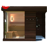Sauna infrarouge électrique extérieur moderne et spacieux en cèdre rouge premium avec façade en verre, contrôle numérique LED, douche intégrée, spa relaxant pour la maison