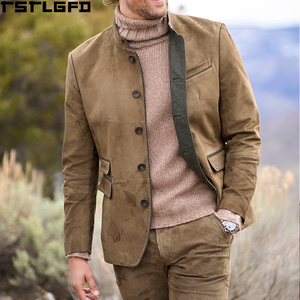 Custom Suede Single Breasted <b>Jacket</b> Men Brown <b>Mandarin</b> <b>Collar</b> Windbreaker Streetwear Outerwear Manufacturers Bulk - Product Image 3