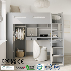 Cama Alta Moderna Ecológica de Madera Maciza MDF con Escritorio y Armario - Product Image 1