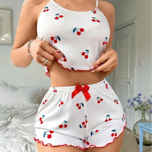 Conjunto de Pijama de Dos Piezas para Mujer, Camisola Suave y Pantalones Cortos, Ropa de Dormir Informal, Sexy, con Estampado de Cerezas, Pijama Dulce - Product Image 4