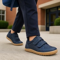 Chaussures d'école en cuir bleu pour enfants, style pieds nus, bout rond, approuvées pour l'école, légères, souples, commande en gros, fournisseur de logos personnalisés