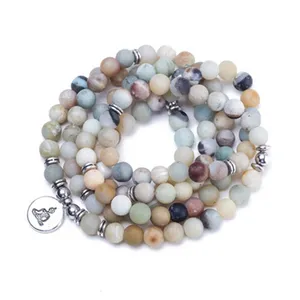 Women`s Bracelet Matte Frosted Amazonite Beads with Lotus OM Buddha Charm Yoga Bracelet 108 Mala Necklace Dropshipping