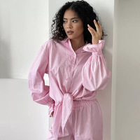 RUIYI Sommer Herbst Winter Romantische Pyjamas Rosa Kariert Gerüschter Langarm-Cardigan Spitzenhose Zweiteiliges Set Weich Atmungsaktiv