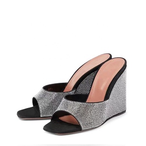 Sandales de mariage d'été à talons compensés hauts, ornées de strass, à bout ouvert, noires, pour femmes, style mules - Product Image 1