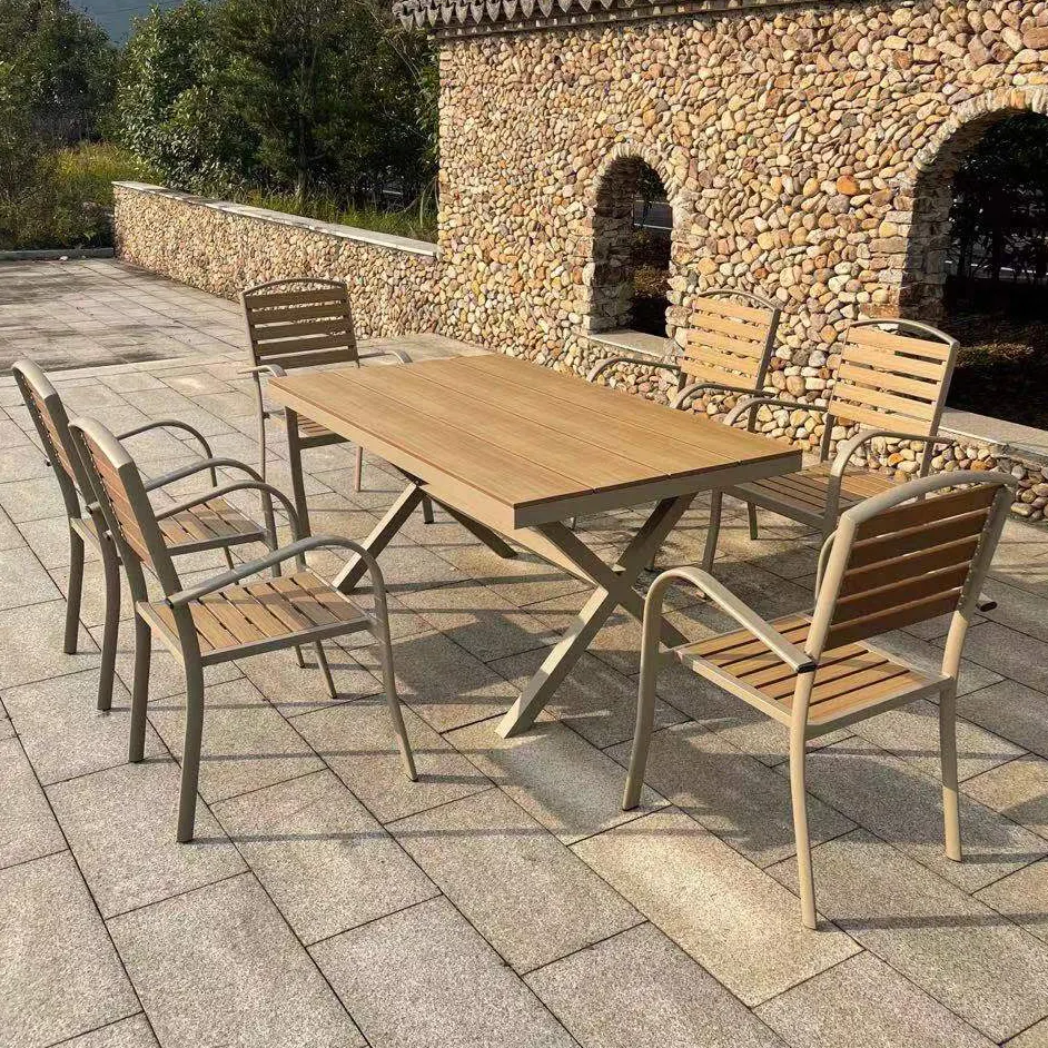 Juego de comedor de aluminio para jardín al aire libre, 1 mesa y 6 sillas KD, muebles de ocio de lujo de alta calidad, 7 Uds.