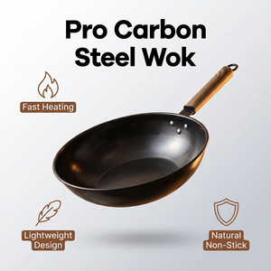 <span class=keywords><strong>Wok</strong></span> antiadhésif en acier au carbone écologique grande capacité, compatible gaz et induction, avec poignée en bois - Product Image 6