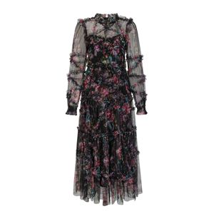 3XL 2XL Vestido largo de mujer 2025 Primavera Verano fiesta de boda señora encantadores estampados florales manga larga albaricoque negro vestido de malla - Product Image 6