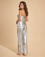 Ensemble de pyjama en satin à imprimé floral pour femme, haut de pyjama à bretelles et pantalon à col drapé, 2 pièces, en polyester effet soie, vêtements d'intérieur, personnalisable OEM