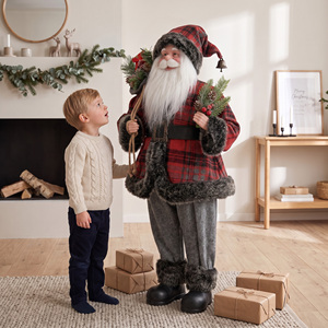 Red Grey Plaid Flared Coat <b>Santa</b> Claus Statue Standing Xmas Figure for Living Room Holiday Display - Product Image 1