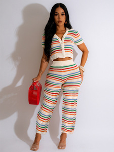 Conjunto de dos piezas de moda de punto para mujer, Tops cortos con patrón sólido, traje de calle Sexy para verano, chándal a juego en la playa - Product Image 2