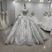 Robe de mariée moderne XS160, écologique, ornée de perles scintillantes, de paillettes, de dentelle florale et de cristaux, à manches courtes, longueur ras du sol