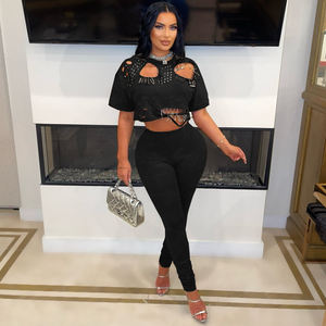 Completo estivo casual due pezzi con top corto con <span class=keywords><strong>cut</strong></span>-<span class=keywords><strong>out</strong></span> e leggings fitness - Product Image 4