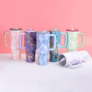 DD4308 Reusable Insulated Stainless Steel Vacuum Travel 40oz Water Bottle Handle Flip Straw <b>Tie</b> Dye Leak Resistant Tumbler - Product Image 1