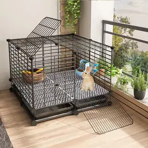 Durable Easy-to-Assemble Rabbit Cages Plaid Pattern Iron Wire Foldable Dog House Cage Button Closure Pet Enclosure Small Animals