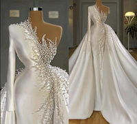 2024 Afrique Satin une manche 2 en 1 robes de sirène perle cristal pierres perlées queue de poisson robe de mariée avec train détachable