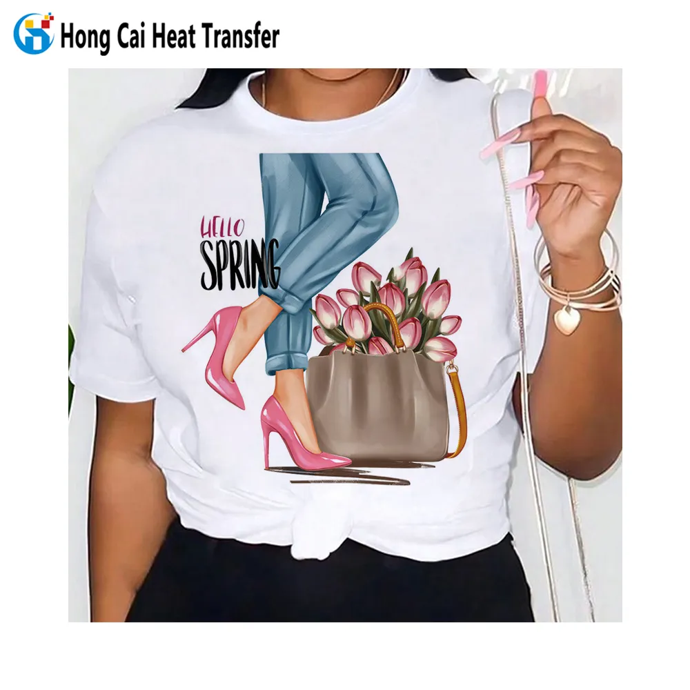 Hongcai卸売ユニセックスヴィンテージメンズレディースTシャツカスタマイズDTF印刷デザインロゴ