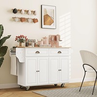 Îlot de cuisine roulant moderne blanc durable et imperméable avec roulettes, 2 tiroirs supérieurs et 2 armoires de rangement pour cuisine et salle à manger