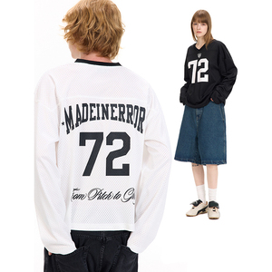 เสื้อฟุตบอลสไตล์อเมริกันเรโทรทรงโอเวอร์ไซส์แบบสั่งตัดพิเศษ ผ้าฝ้าย 100% ระบายอากาศได้ดี คอวี แขนยาว ไซส์พลัส สำหรับฤดูใบไม้ร่วง แบบยูนิเซ็กส์ - Product Image 4