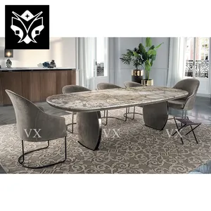 Juego de muebles para el hogar de lujo moderno, mesa de comedor de mármol blanco redondo de cuero de microfibra de 4 y 6 plazas para restaurante