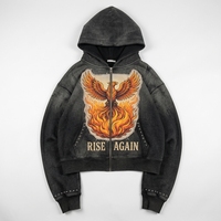 Patch personnalisé Design graphique Rivet Hoodies lavé à l'acide poids lourd coton éponge français fermeture éclair soleil délavé recadrée strass Hoodie