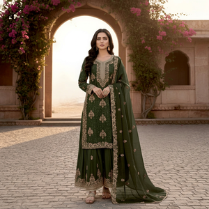 Ensemble Salwar Kameez en soie verte brodée traditionnelle indienne et pakistanaise pour femmes, coupe régulière, longueur au sol, tenue de mariage - Product Image 1
