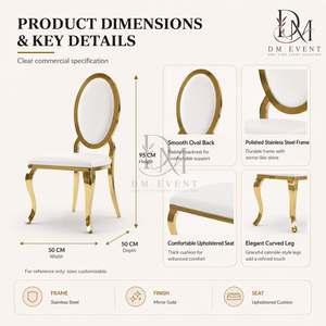 Oval <b>Medallion</b> Back <b>Gold</b> Stainless Steel Wedding Chair with White Cushion for Banquet and Hotel Events Wholesale Seating - Product Image 4