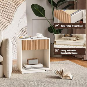 Mesita <span class=keywords><strong>de</strong></span> <span class=keywords><strong>Noche</strong></span> Moderna Minimalista <span class=keywords><strong>de</strong></span> Madera con Cajones <span class=keywords><strong>y</strong></span> Estante <span class=keywords><strong>de</strong></span> Almacenamiento para Dormitorio, Sala <span class=keywords><strong>de</strong></span> Estar, Área del Sofá en Blanco - Product Image 3