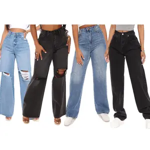 Pantalones vaqueros de pierna ancha para mujer, ropa de talla grande, de cintura alta