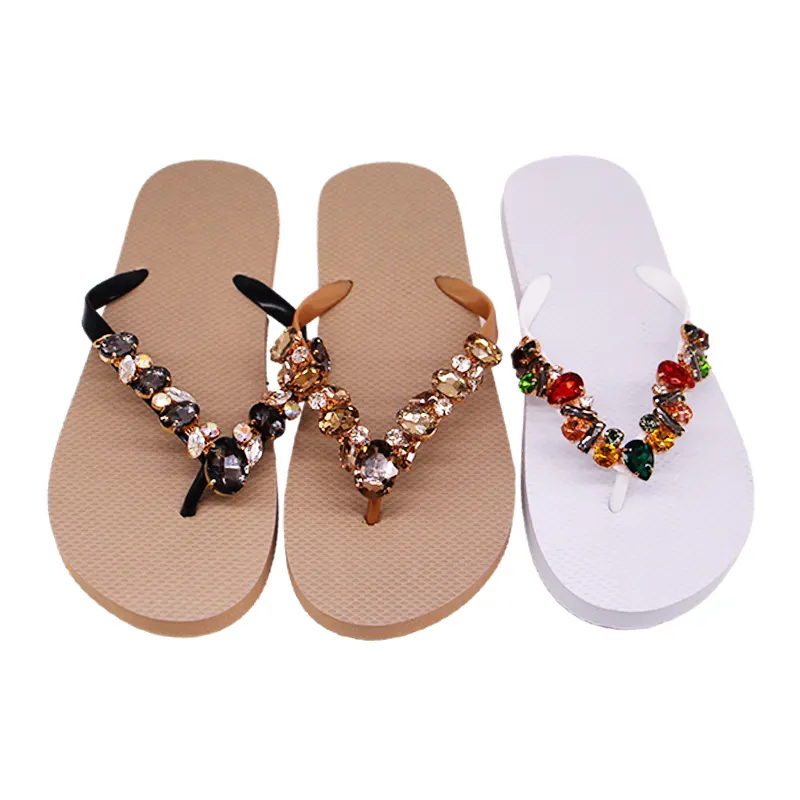 Alta qualidade OEM Custom Logo Impresso Casual Borracha Sole Verão Praia Mulheres Cristal PVC Straps Daily Flip Flop