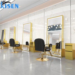 KISEN Stainless Steel Salon Cabinet Dressing <b>Table</b> And Storage Shelves Two-Way <b>Mirrors</b> With Led Light For Barber Shop Use - Product Image 5