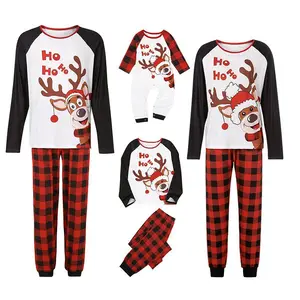 Fuyu Christmas Elk Print Top & Plaid Pants Parent-Child Pajamas Outfits Xmas Casual Home Clothing Sets Family Matching Clothes