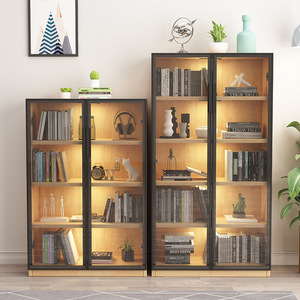 Solid Wood Minimalist Glass <b>Door</b> Bookcase With Motion <b>Sensor</b> Light Floor Standing Display Cabinet Office Dustproof Wooden - Product Image 2