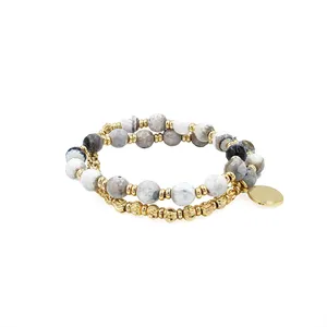 Gioielli con perline a spirale placcati in oro di fascia alta, braccialetto con perline rotonde sfaccettate in agata <span class=keywords><strong>nera</strong></span>/bianca con pietre preziose naturali di moda - Product Image 1