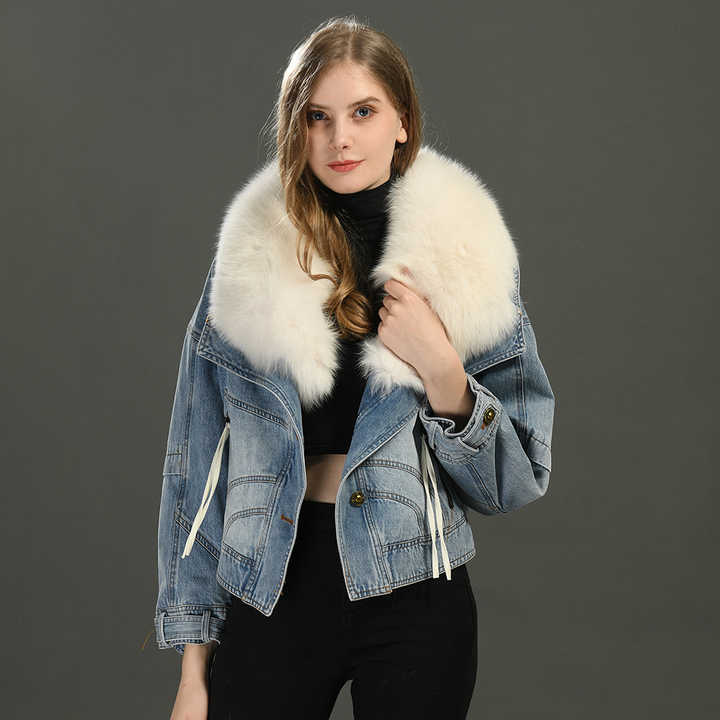 Wholesale Luxury Blue Denim Shell Feather Duck Down Jacket Parka Big Real Fur Collar Soft Custom Winter Fashion Down Coat Women