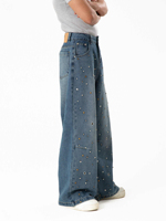 Jeans larges pour hommes personnalisés avec diamants, style vintage délavé, coupe baggy, avec œillets métalliques, OEM ODM