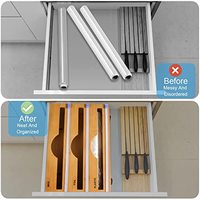 Distributeur de papier d'aluminium et de cire en bambou Organisateur de tiroir 3 en 1 avec coupe-papier et étiquettes