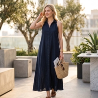 Robe longue d'été sexy sans dos en polyester à col à revers et sans manches, col halter, boutonnée, décontractée pour les vacances d'été pour femme