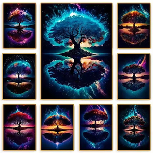 Moderno astratto <span class=keywords><strong>albero</strong></span> della <span class=keywords><strong>vita</strong></span> stile Art Deco paesaggio cosmico pittura a olio murale Deluxe decorazione per la casa per il soggiorno - Product Image 2