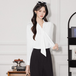 Ruffled Collar Chiffon Long Sleeve Shirt Women Spring Autumn Loose Fit Tie Waist Solid Color Blouse Everyday Wear - Product Image 4