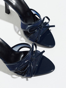 Mules élégantes pour femmes, rouge bordeaux brillant, en cuir verni et maille, avec joli nœud, bout carré ouvert, à enfiler, talon évasé, sandales sans talonnière, idéales - Product Image 6