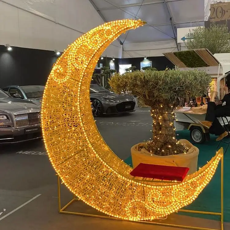 ANPU Decor Outdoor Ramadan Decoration Crescent Moon Star Motif Light Led Metal Holiday Light