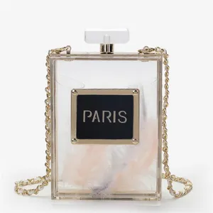 New fashion banquet ladies evening crossbody handbag perfume bottle Paris clear acrylic purse clutch bag