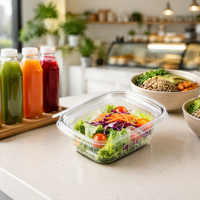 Tamper evident wegwerp voedselcontainer van transparant PET met scharnierend deksel en breekbare verzegeling, groothandel voor afhaalmaaltijden