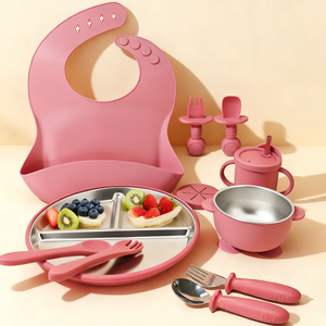 <span class=keywords><strong>Couverts</strong></span> pour enfants en silicone de qualité alimentaire et acier inoxydable 304, ensemble d'alimentation pour bébé, bavoir, cuillère, fourchette, bol, tasse avec ventouse - Product Image 1