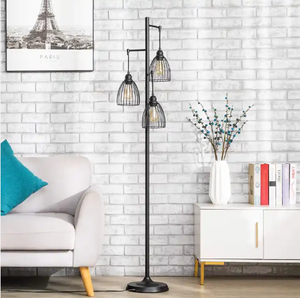 Lampada da terra Vintage a 3 luci industriale con elegante testa montata in rete con Base robusta per soggiorno con luce a palo Vintage alta - Product Image 6