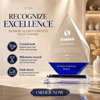 Trophée en verre cristal transparent Prestige avec logo et texte gravés sur mesure pour la reconnaissance des employés d'entreprise, souvenir de service