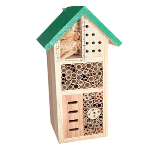 Handmade Natural Wooden Bee Hive Mason Bee Habitat House with Bamboo Tubes