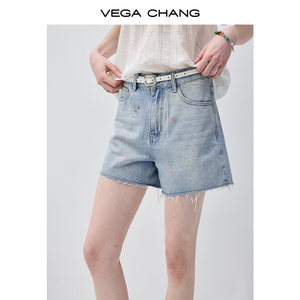 VEGA CHANG <span class=keywords><strong>Short</strong></span> en <span class=keywords><strong>jean</strong></span> décontracté à jambe large, taille haute, coupe droite, bleu clair à effet éclaboussures, avec poches symétriques pratiques - Product Image 2